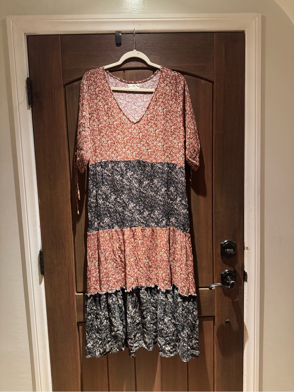 NATURAL LIFE Rust and Navy Mixed-Print Tiered Midi Dress